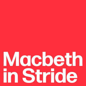 Red background with white text Macbeth in Stride