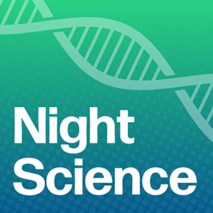 green background with an image of a DNA strand and white text Night Science