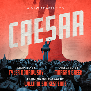 Red background with the title A New Adaptation Caesar and a person at a podium with a raised fist.