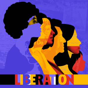Purple background with an illustration of  women in profile. The title Liberation.